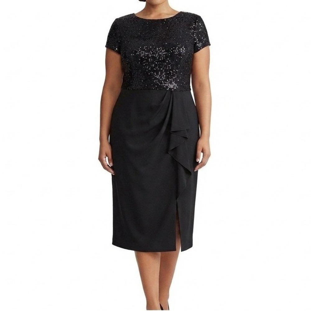 Lauren Ralph Lauren Sheath Dress Women 16 Black Sequin Lace Ruffle Slit